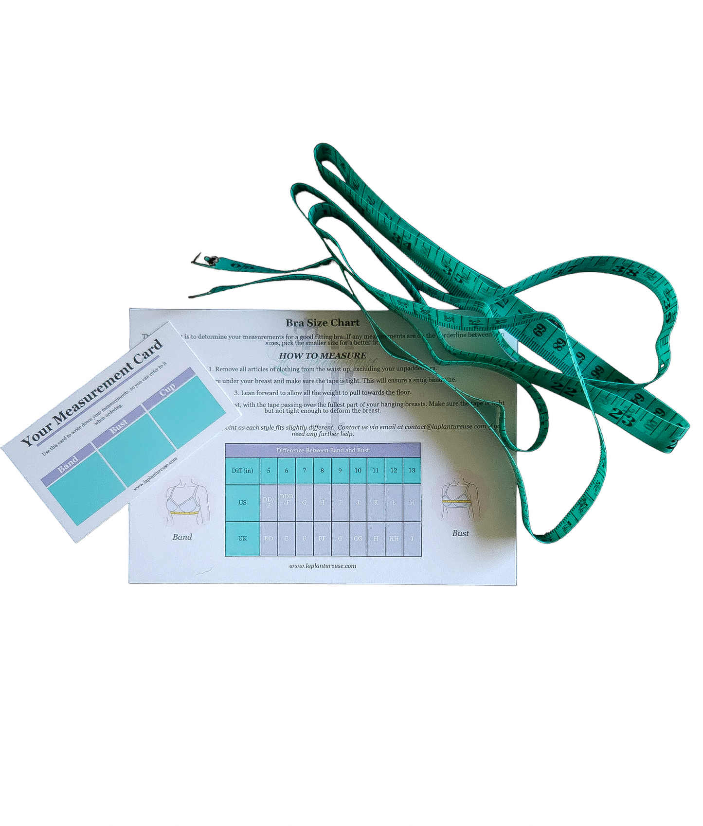 Photo of La Plantureuse Measuring Kit which includes a 60 inch measuring tape, Measurement card, and Instruction card.